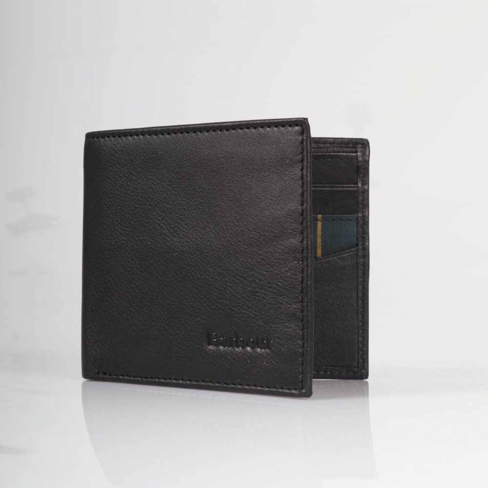 Barbour Colwell Leather Bifold Wallet - Black/Seaweed Tartan