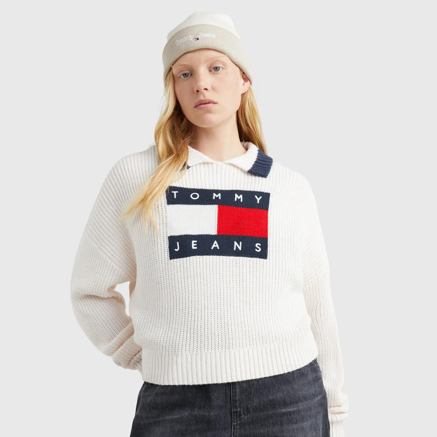 Tommy Jeans Women's Intarsia Flag Collared Sweat - Ancient White