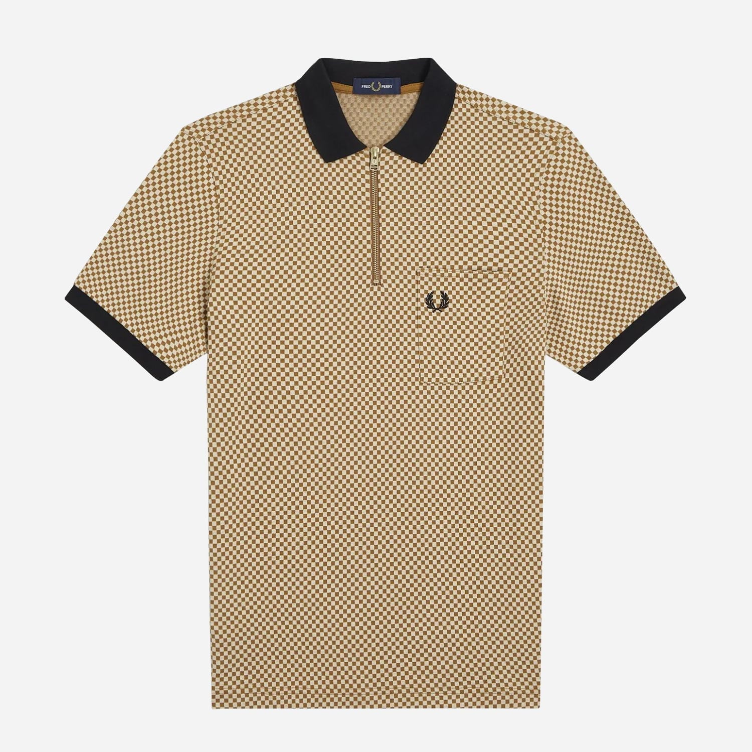 Fred Perry Micro Chequerboard Regular Fit Short Sleeve Polo - Oatmeal/Dark Caramel
