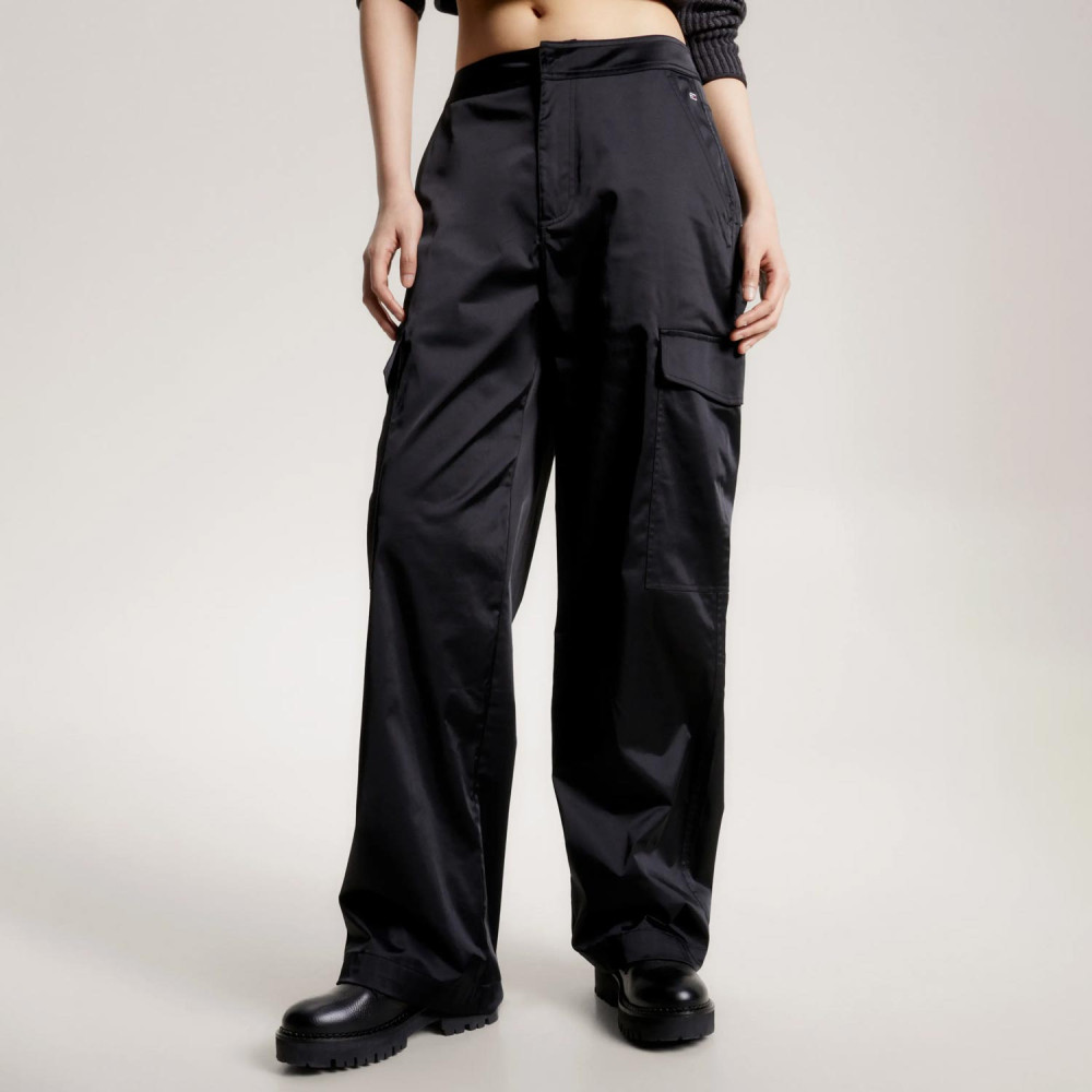 Tommy Jeans Womens Satin Regular Straight Fit Utility Pant - Black