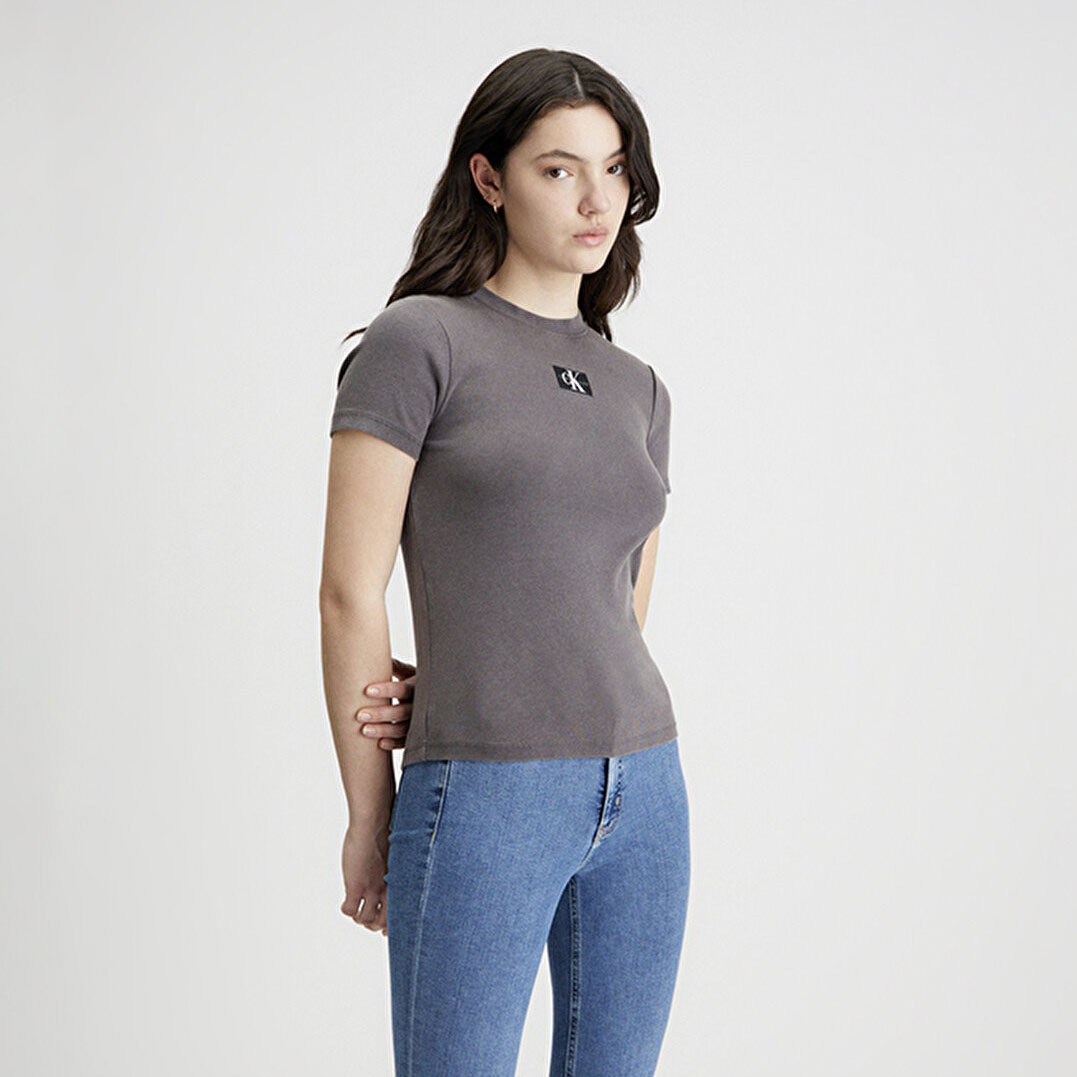 Calvin Klein Women's Label Washed Rib Slim Fit Short Sleeve Tee - Washed Black
