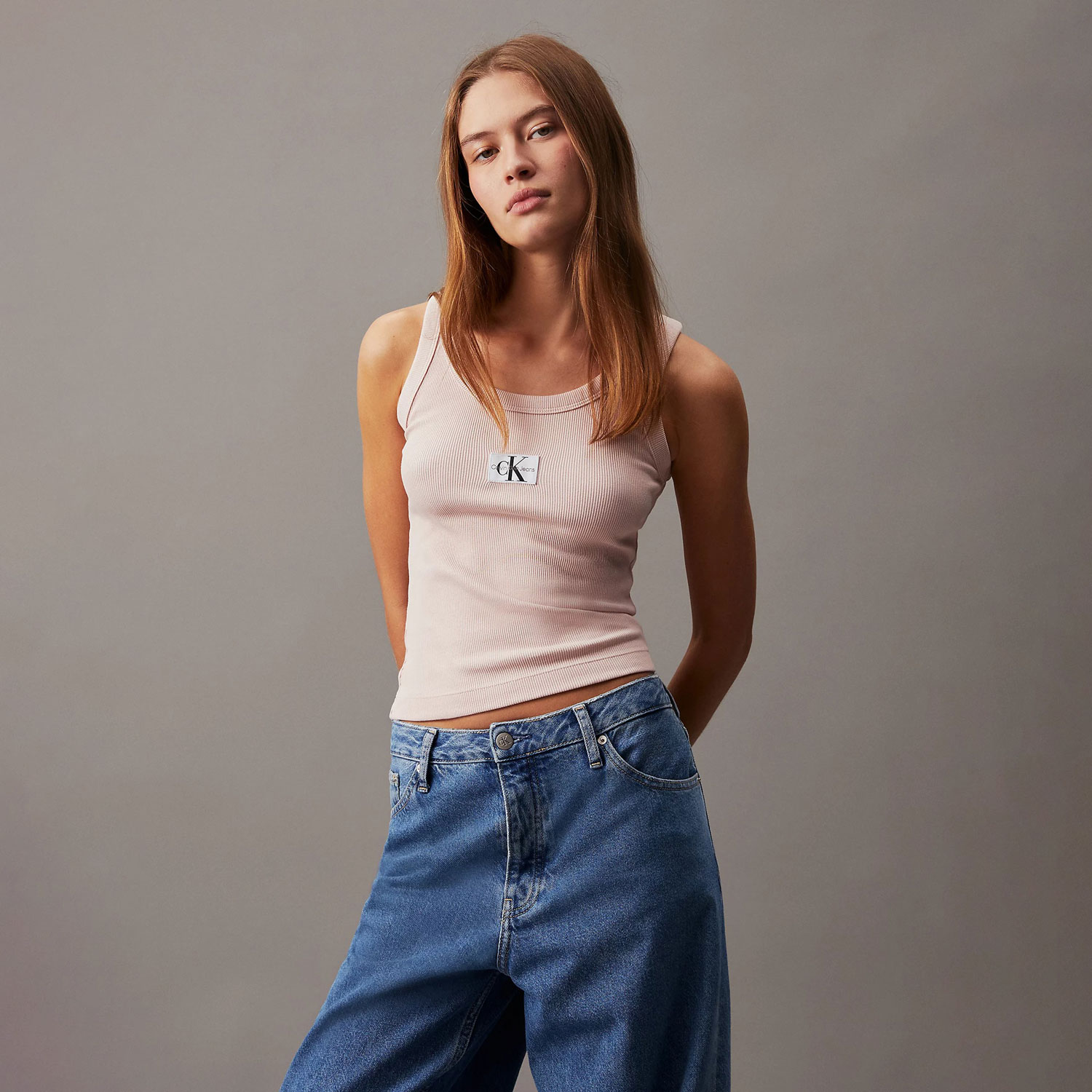 Calvin Klein Women's Woven Label Rib Regular Fit Tank Top - Sepia Rose