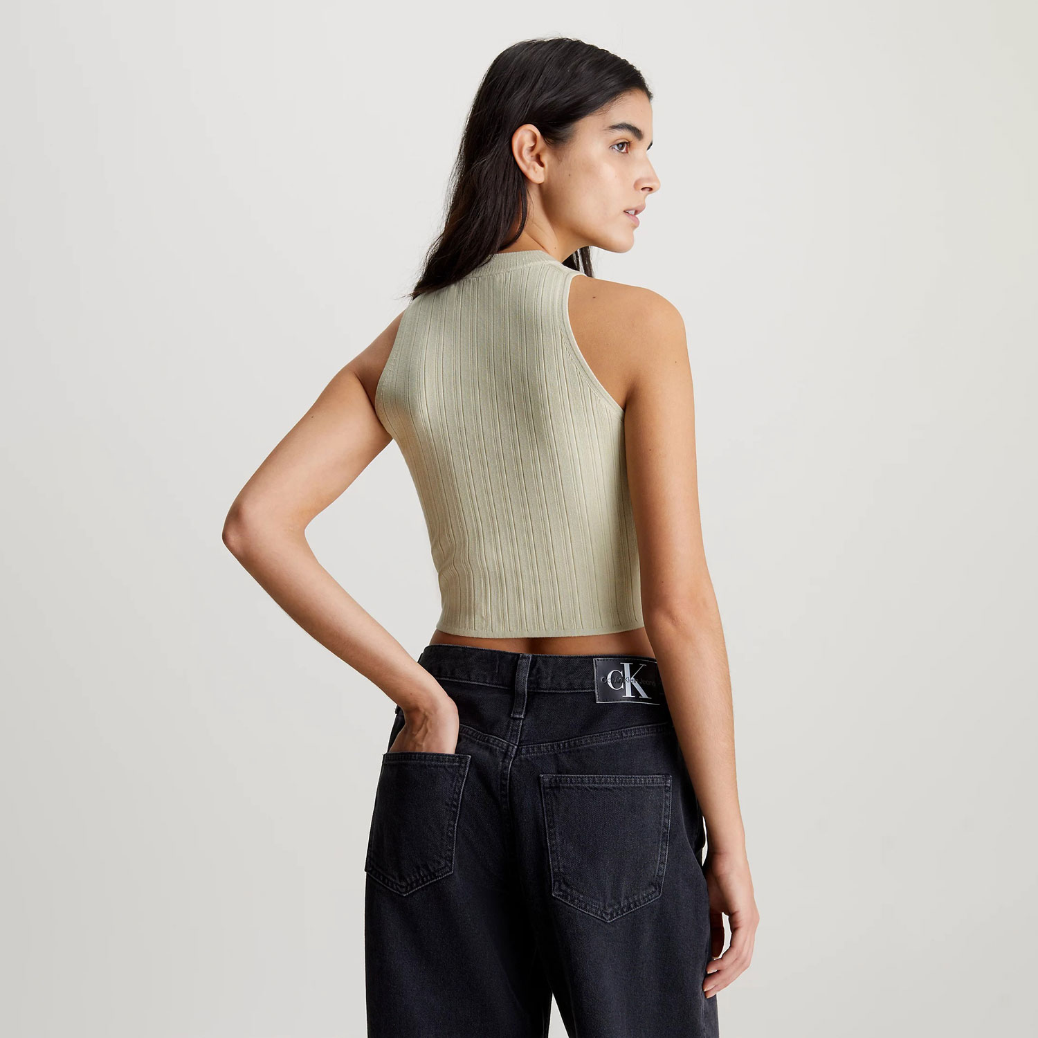 Calvin Klein Women's Woven Label Tank Slim Fit Sweater - Green Haze