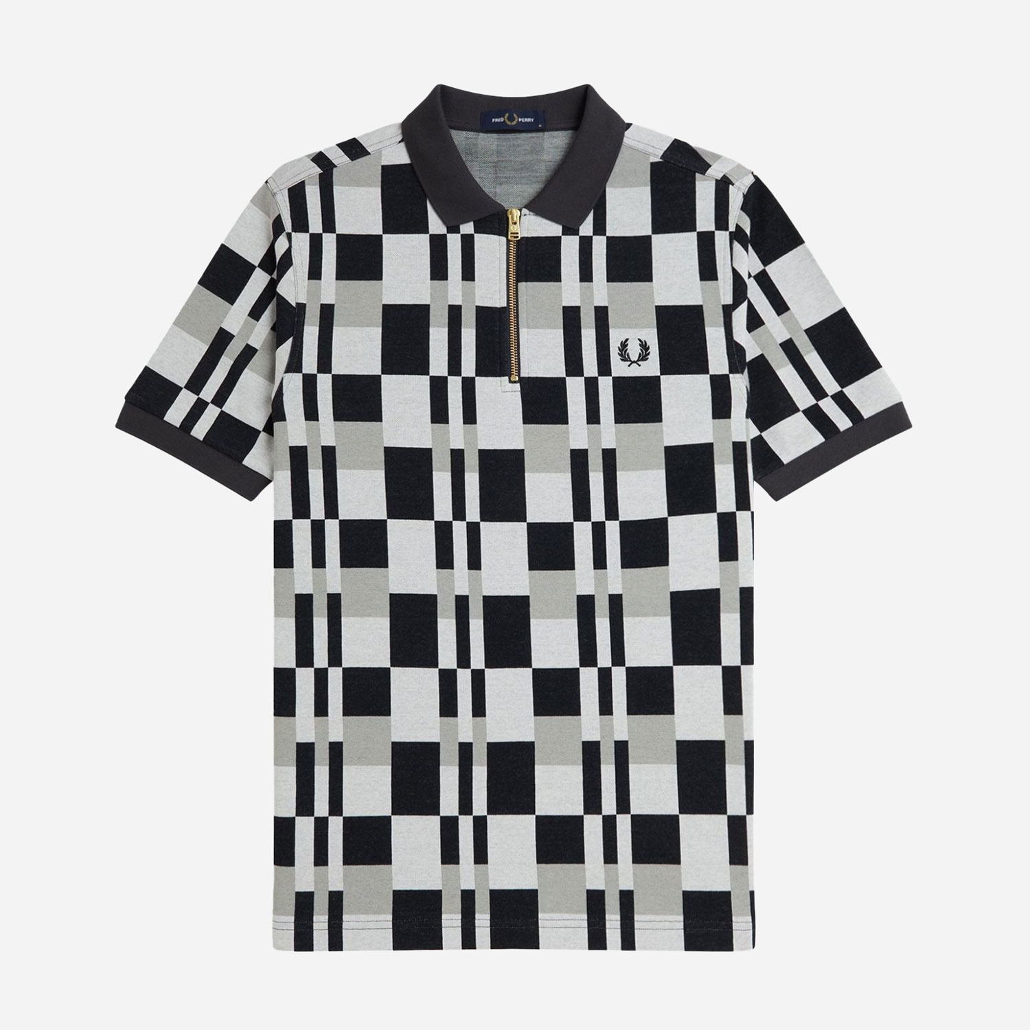 Fred Perry Chequerboard Zip Neck Polo - Anchor Grey | The Cream Store