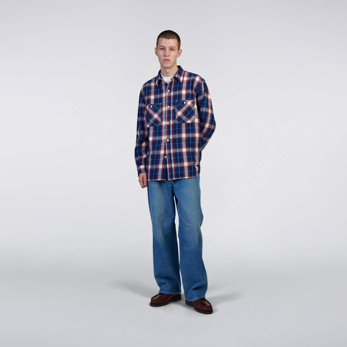 Edwin Long Sleeve Work Shirt - Navy/Red