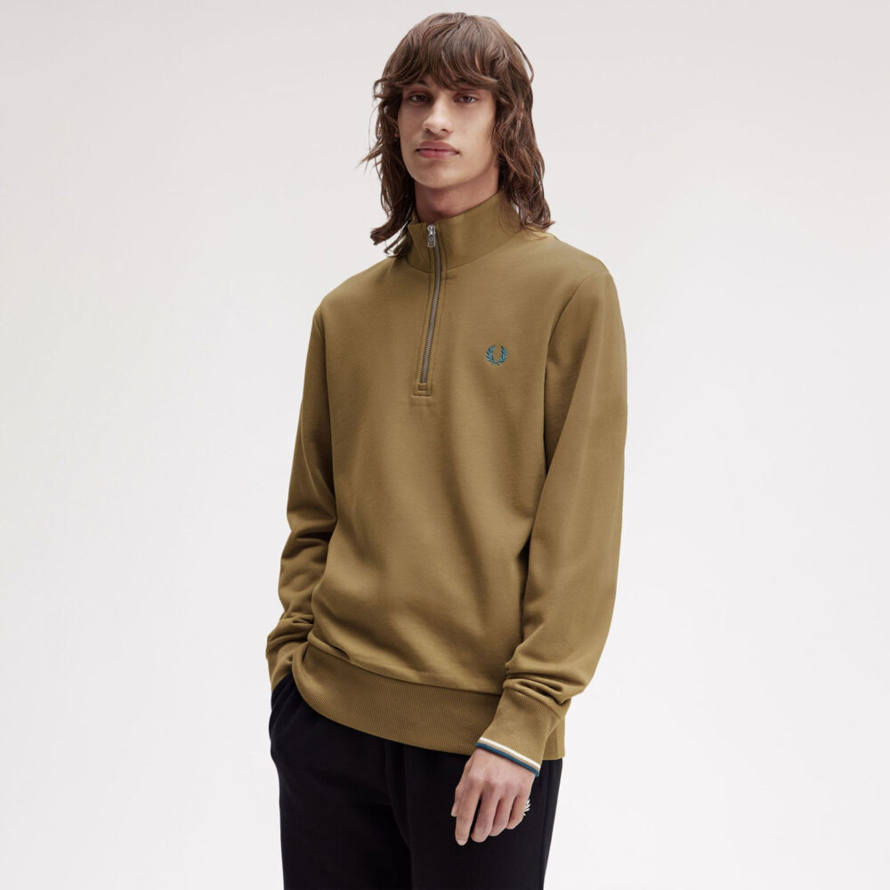 Fred Perry Half Zip Sweatshirt - Shaded Stone/Ecru/Dark Petrol