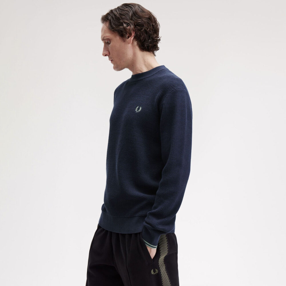 Fred Perry Waffle Stitch Crewneck Knit - Dark Airforce