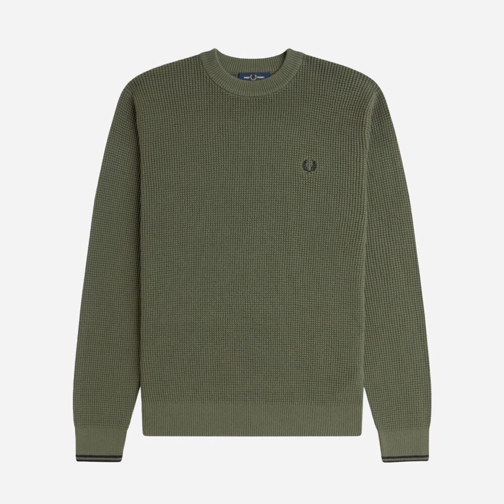 Fred Perry Waffle Stitch Crewneck Knit - Laurel Wreath Green