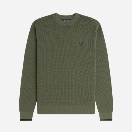 Fred Perry Waffle Stitch Crewneck Knit - Laurel Wreath Green