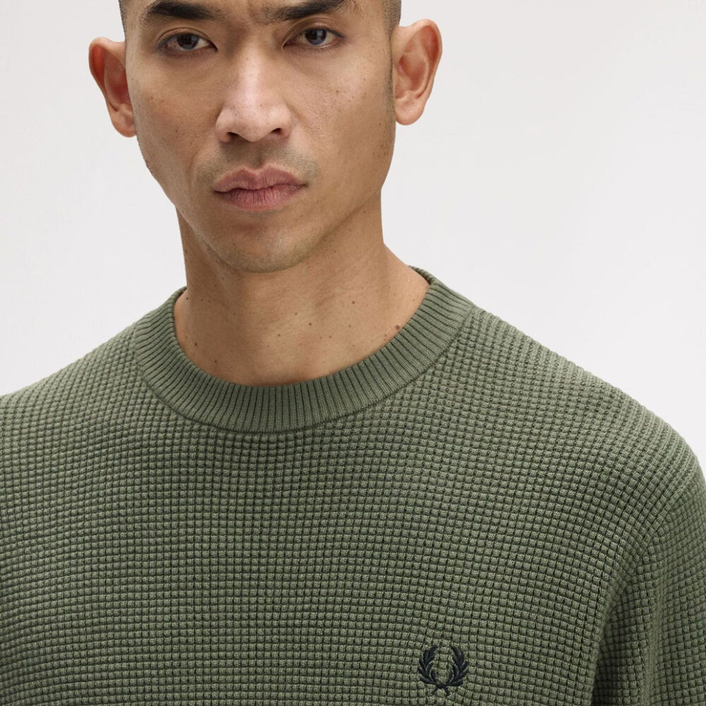 Fred Perry Waffle Stitch Crewneck Knit - Laurel Wreath Green