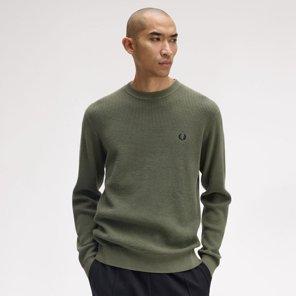Fred Perry Waffle Stitch Crewneck Knit - Laurel Wreath Green