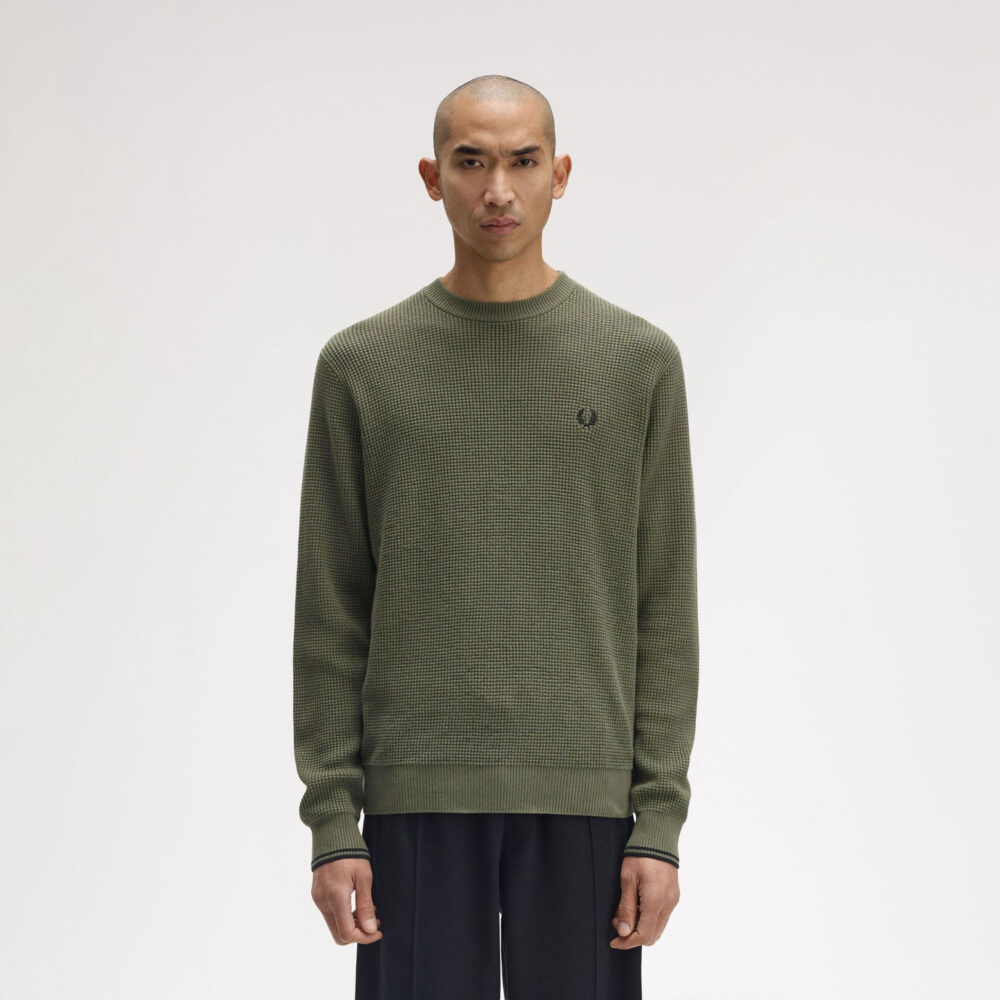 Fred Perry Waffle Stitch Crewneck Knit - Laurel Wreath Green