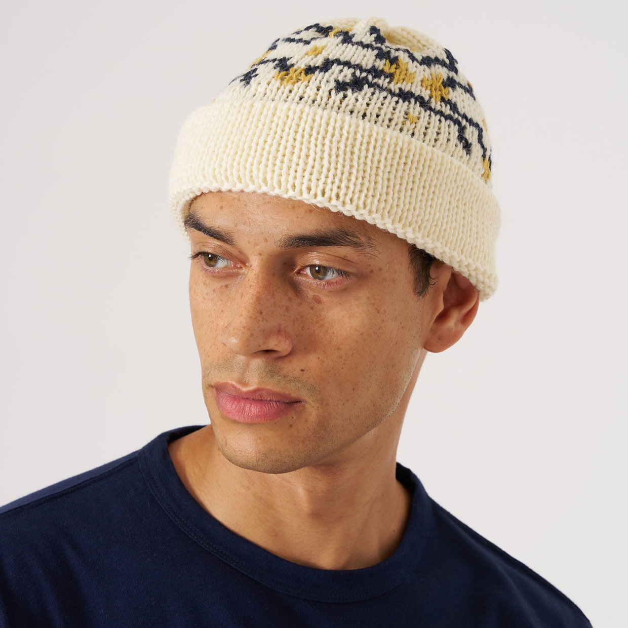 Universal Works Short Watch Beanie - Ecru Navy