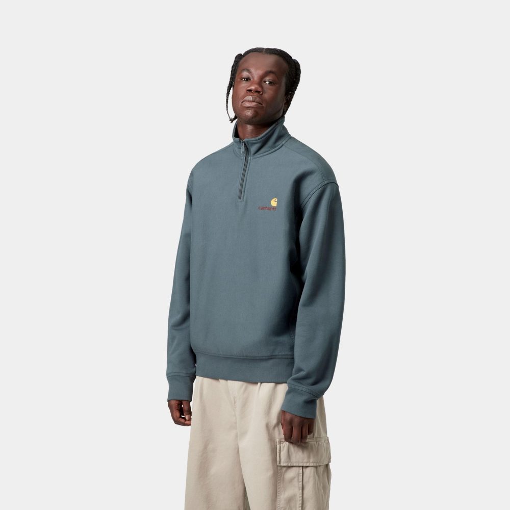Carhartt WIP Half Zip American Script Sweat - Office Blue Carhartt WIP Half Zip American Script Sweat - Office Blue
