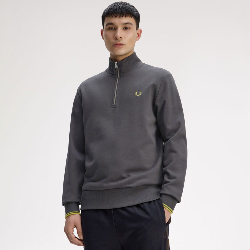 Fred Perry Half Zip Sweatshirt - Anchor Grey/Tennis Ball Yellow