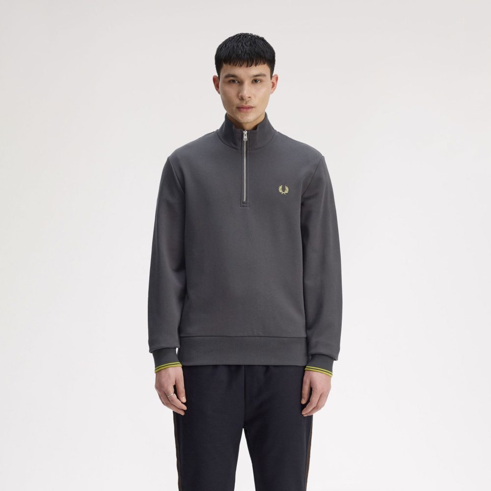 Fred Perry Half Zip Sweatshirt - Anchor Grey/Tennis Ball Yellow