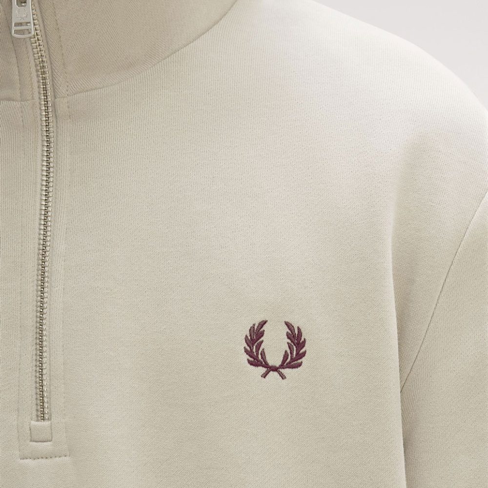 Fred Perry Half Zip Sweatshirt - Warm Oat/Court Green/Burnt Tobacco