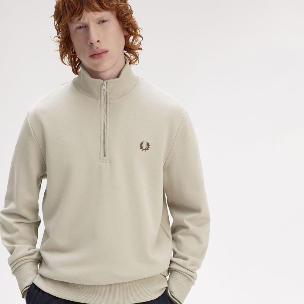 Fred Perry Half Zip Sweatshirt - Warm Oat/Court Green/Burnt Tobacco