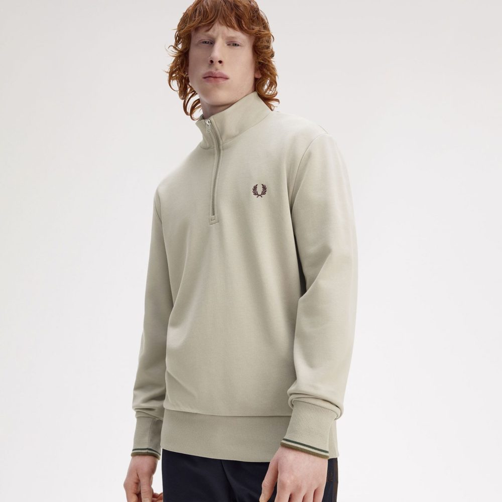 Fred Perry Half Zip Sweatshirt - Warm Oat/Court Green/Burnt Tobacco