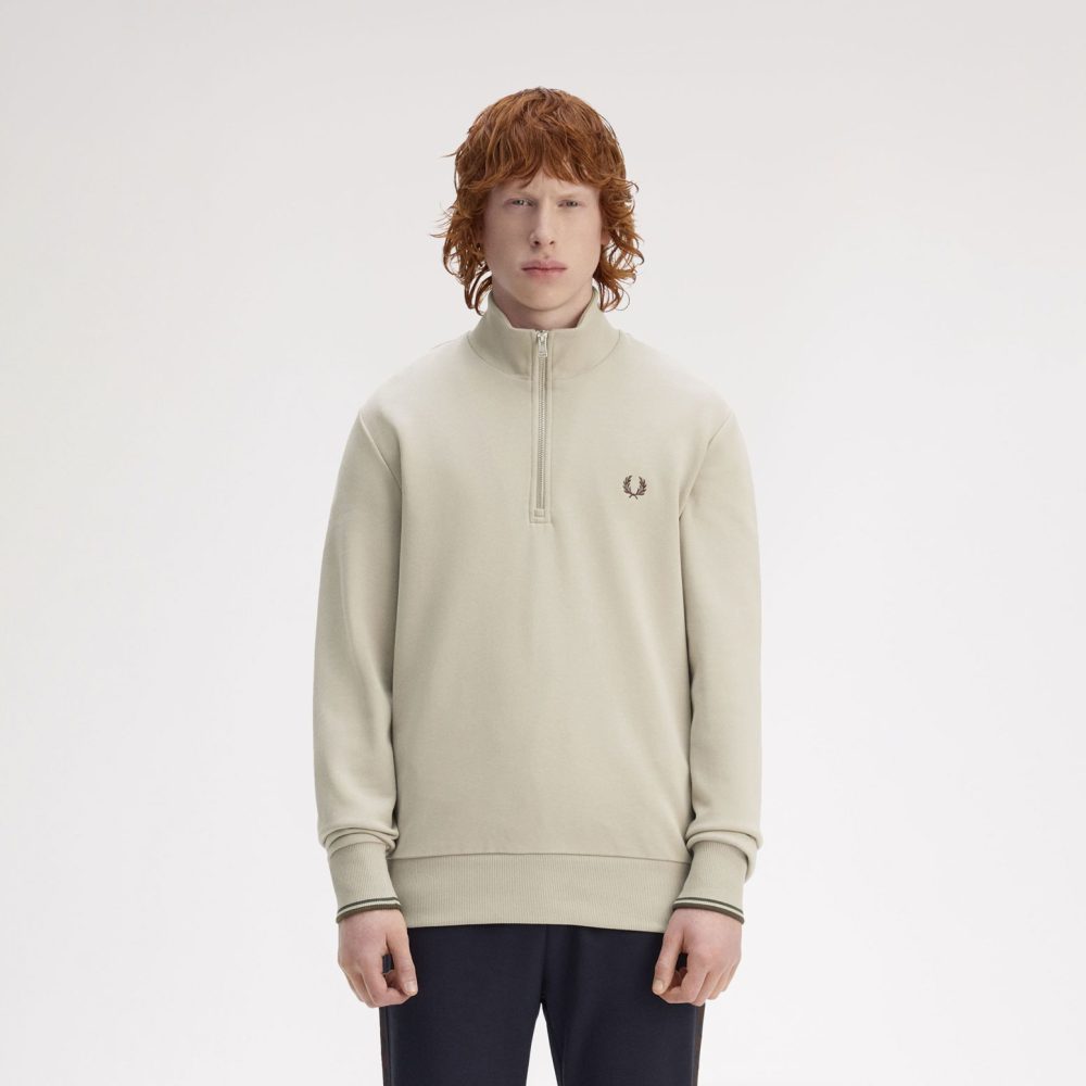 Fred Perry Half Zip Sweatshirt - Warm Oat/Court Green/Burnt Tobacco