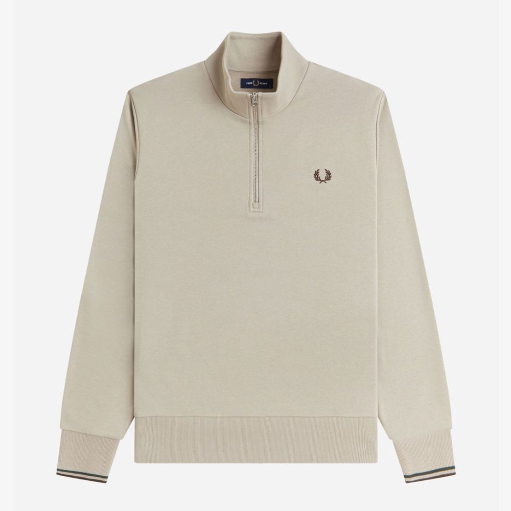 Fred Perry Half Zip Sweatshirt - Warm Oat/Court Green/Burnt Tobacco