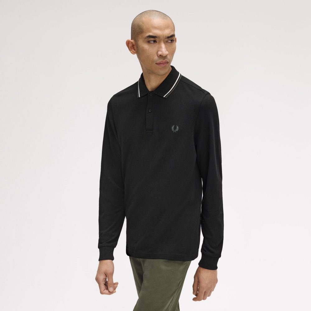 Fred Perry Long Sleeve Twin Tipped Polo - Black/Ecru/Laurel Wreath Green