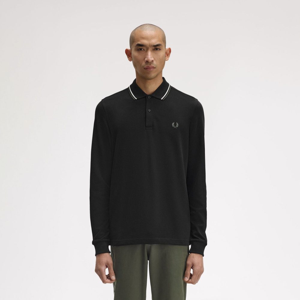 Fred Perry Long Sleeve Twin Tipped Polo - Black/Ecru/Laurel Wreath Green