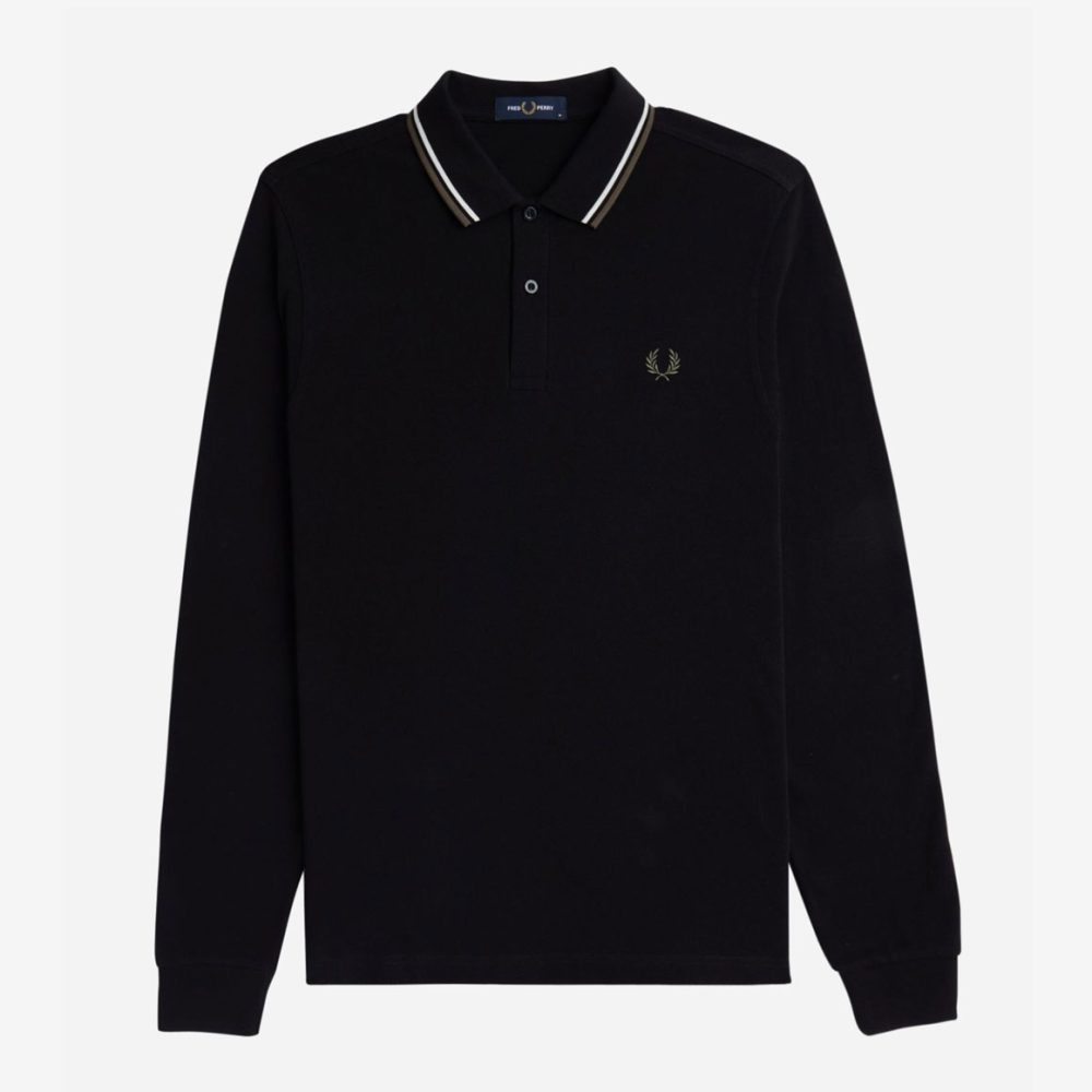Fred Perry Long Sleeve Twin Tipped Polo - Black/Ecru/Laurel Wreath Green