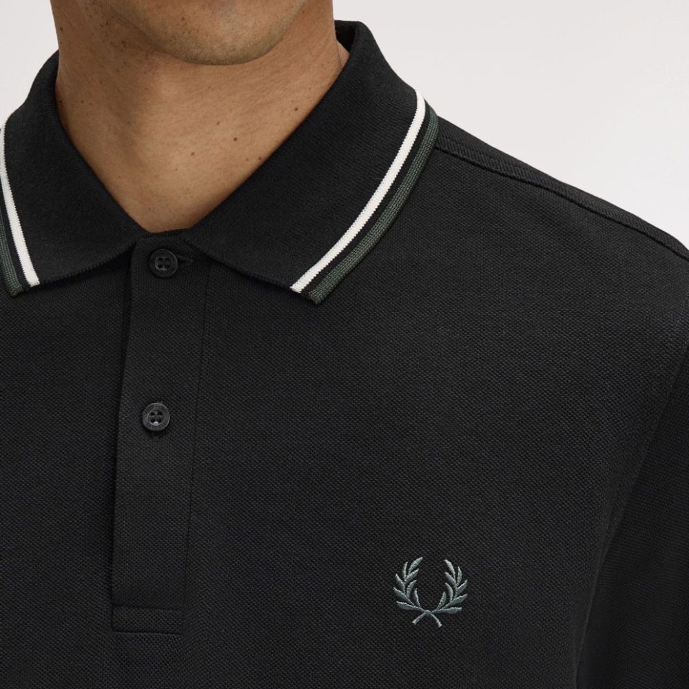 Fred Perry Long Sleeve Twin Tipped Polo - Black/Ecru/Laurel Wreath Green