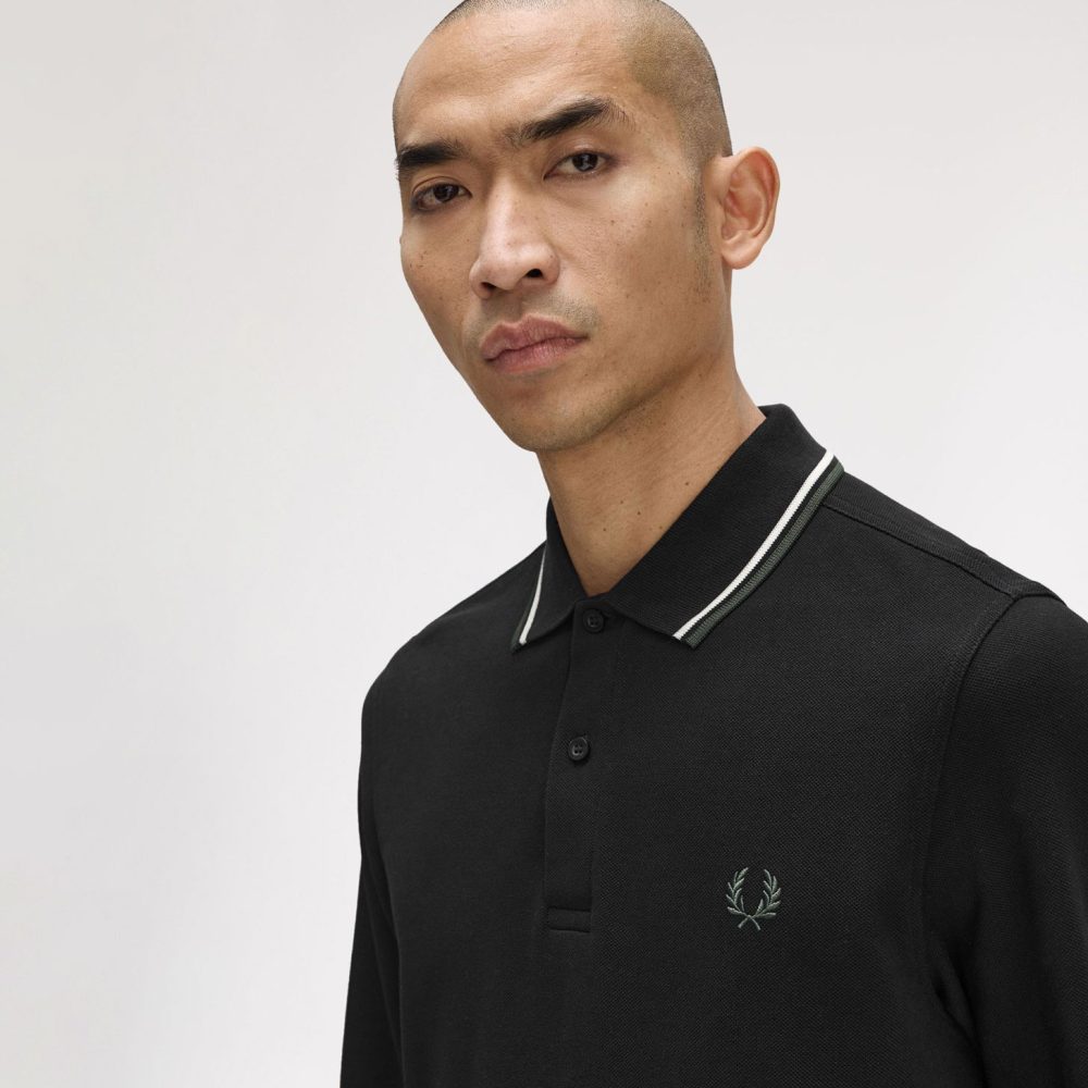 Fred Perry Long Sleeve Twin Tipped Polo - Black/Ecru/Laurel Wreath Green