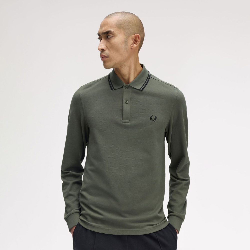Fred Perry Long Sleeve Twin Tipped Polo - Laurel Wreath Green/Black Fred Perry Long Sleeve Twin Tipped Polo - Laurel Wreath Green/Black