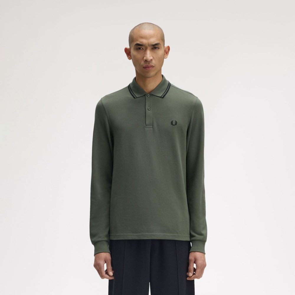 Fred Perry Long Sleeve Twin Tipped Polo - Laurel Wreath Green/Black Fred Perry Long Sleeve Twin Tipped Polo - Laurel Wreath Green/Black