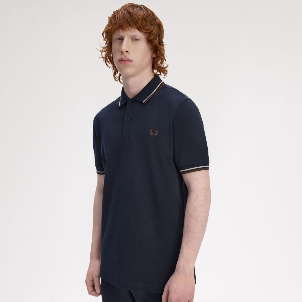 Fred Perry Twin Tipped Polo - Navy/Warm Oat/Burnt Tobacco