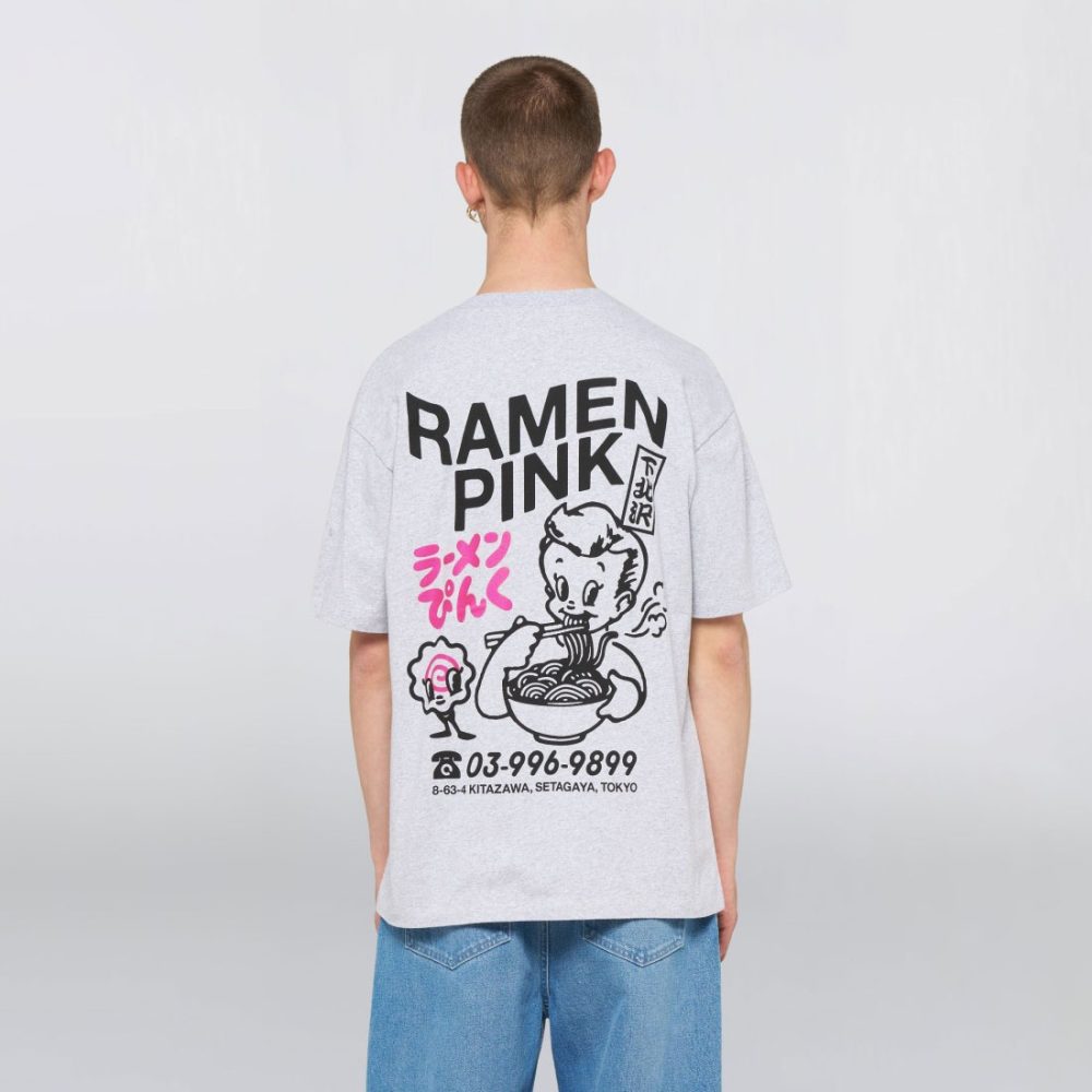 Edwin Ramen Pink Tee - Grey Marl/Garment Washed