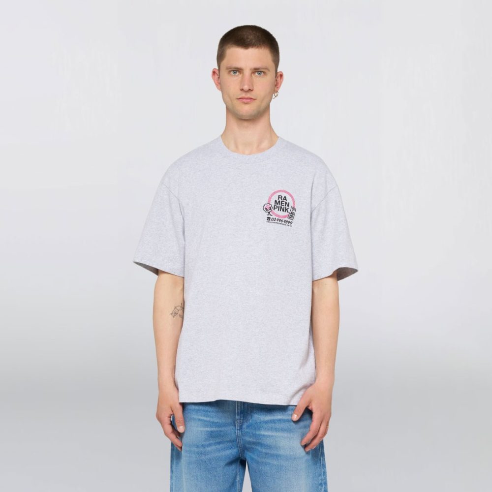 Edwin Ramen Pink Tee - Grey Marl/Garment Washed