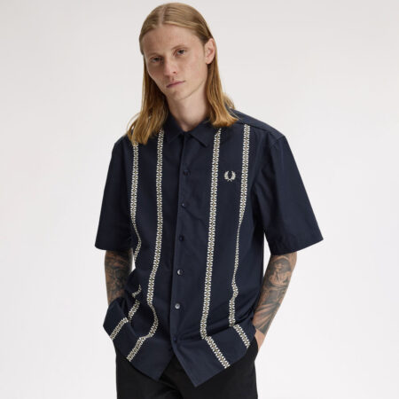 Fred Perry Placement Print Revere Shirt - Navy Fred Perry Placement Print Revere Shirt - Navy