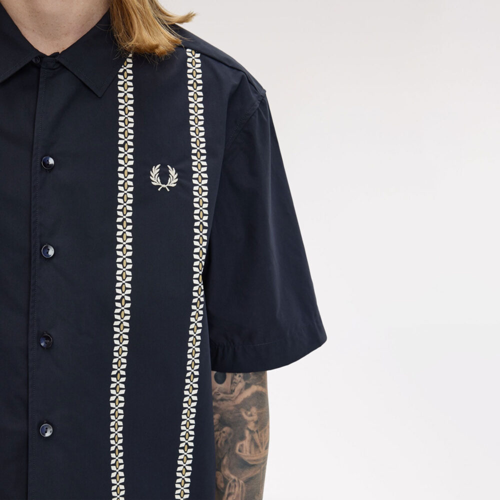 Fred Perry Placement Print Revere Shirt - Navy Fred Perry Placement Print Revere Shirt - Navy
