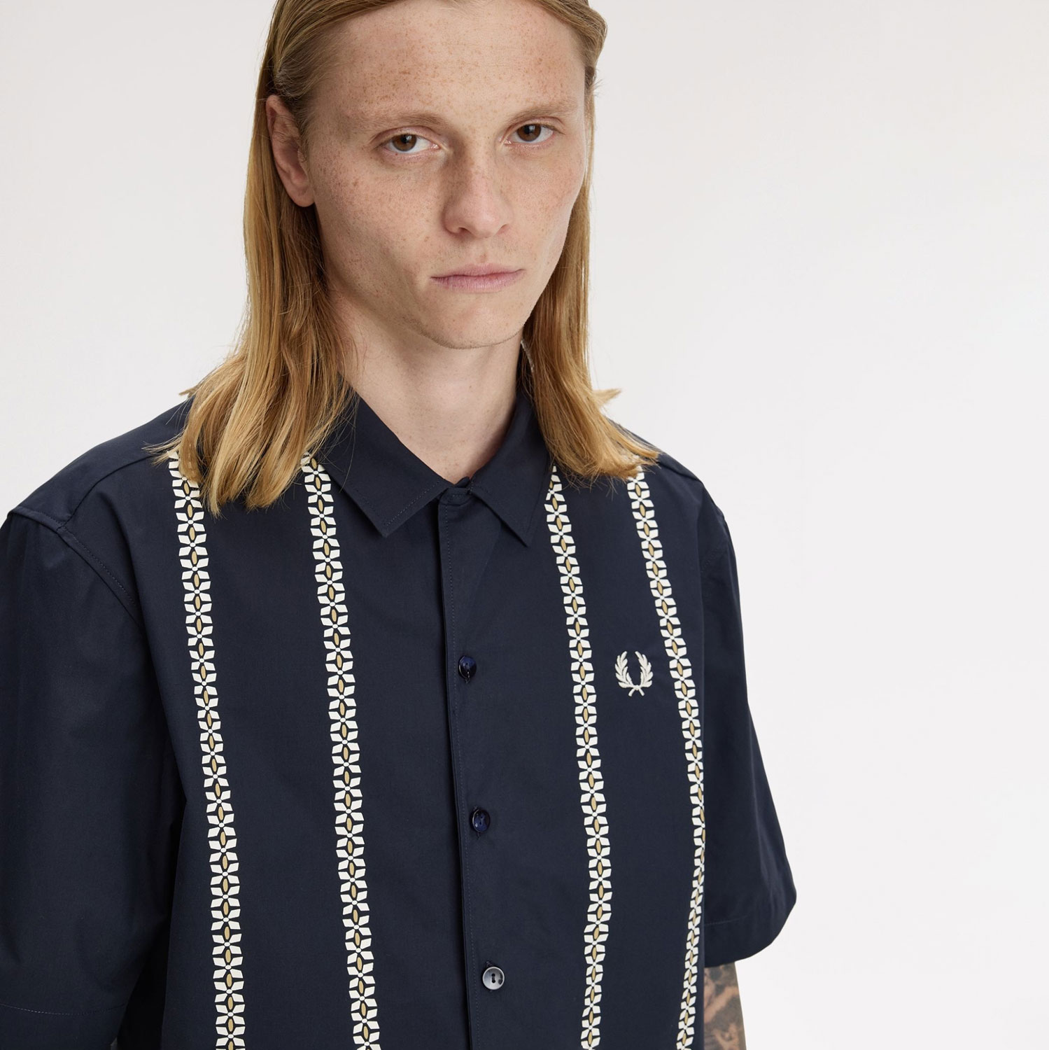 Fred Perry Placement Print Revere Shirt - Navy