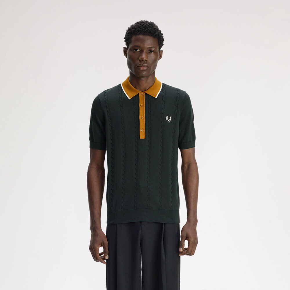 Fred Perry Cable Knit Polo - Night Green Fred Perry Cable Knit Polo - Night Green