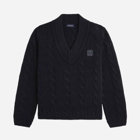 Fred Perry Leather Patch Cable Knit Jumper - Black