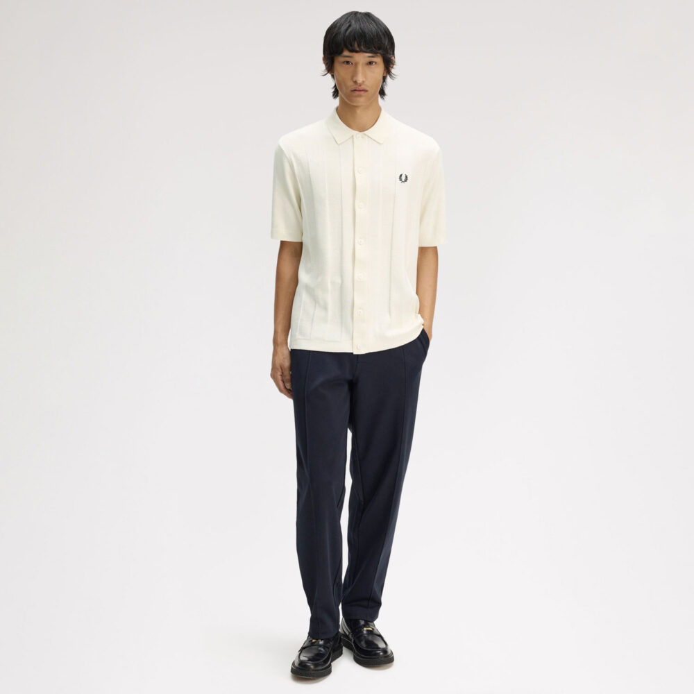 Fred Perry Tonal Vertical Stripe Knitted Shirt - Ecru