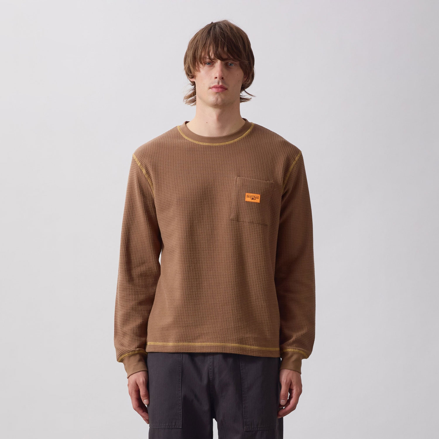 Service Works Waffle Contrast Thermal LS Tee - Brown/Yellow