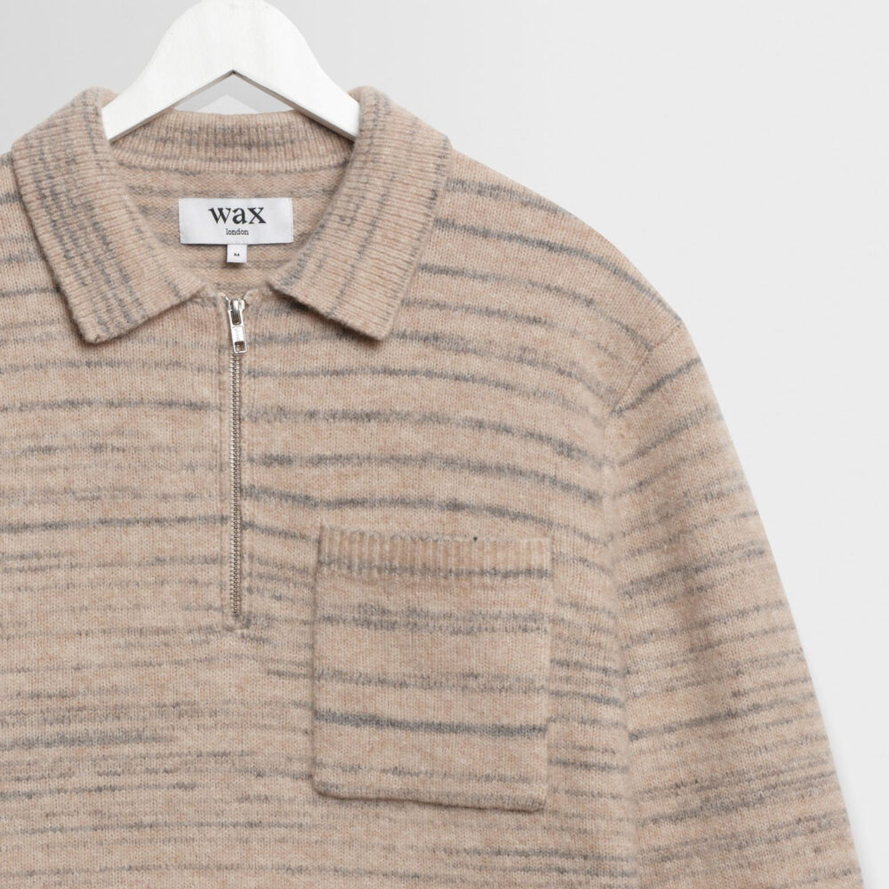 Wax London Alpha Zip Longsleeve Knitted Polo - Natural/Grey