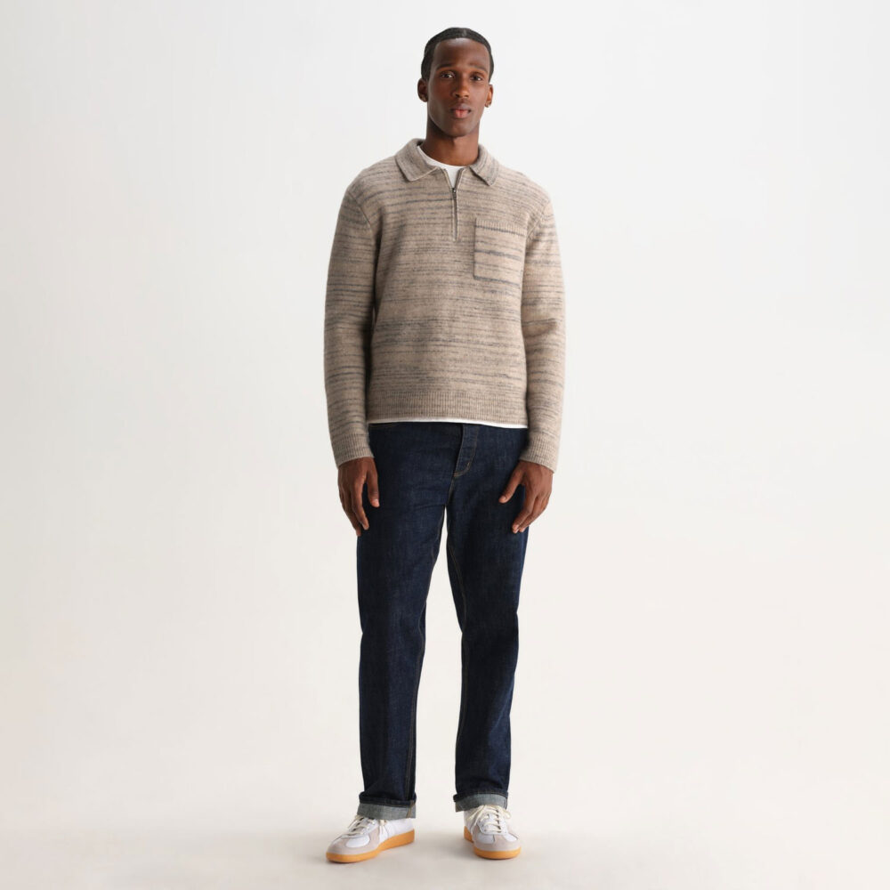 Wax London Alpha Zip Longsleeve Knitted Polo - Natural/Grey Wax London Alpha Zip Longsleeve Knitted Polo - Natural/Grey