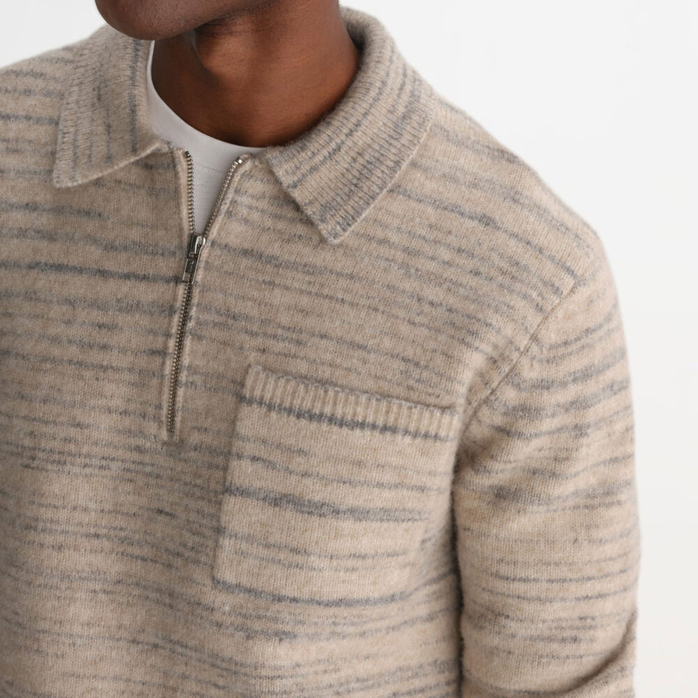 Wax London Alpha Zip Longsleeve Knitted Polo - Natural/Grey Wax London Alpha Zip Longsleeve Knitted Polo - Natural/Grey