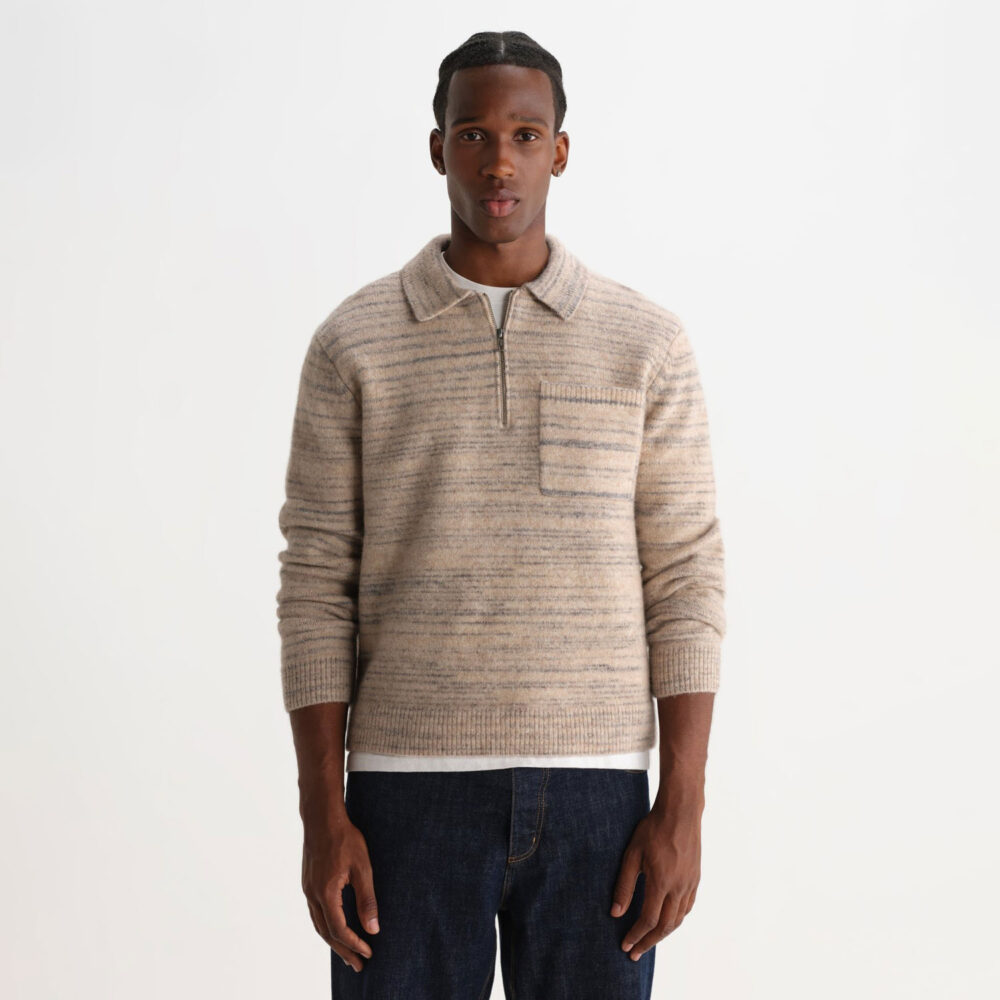 Wax London Alpha Zip Longsleeve Knitted Polo - Natural/Grey Wax London Alpha Zip Longsleeve Knitted Polo - Natural/Grey