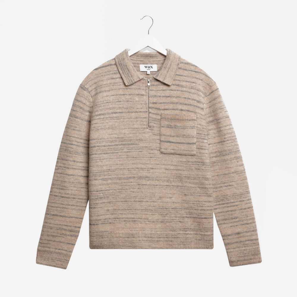 Wax London Alpha Zip Longsleeve Knitted Polo - Natural/Grey Wax London Alpha Zip Longsleeve Knitted Polo - Natural/Grey